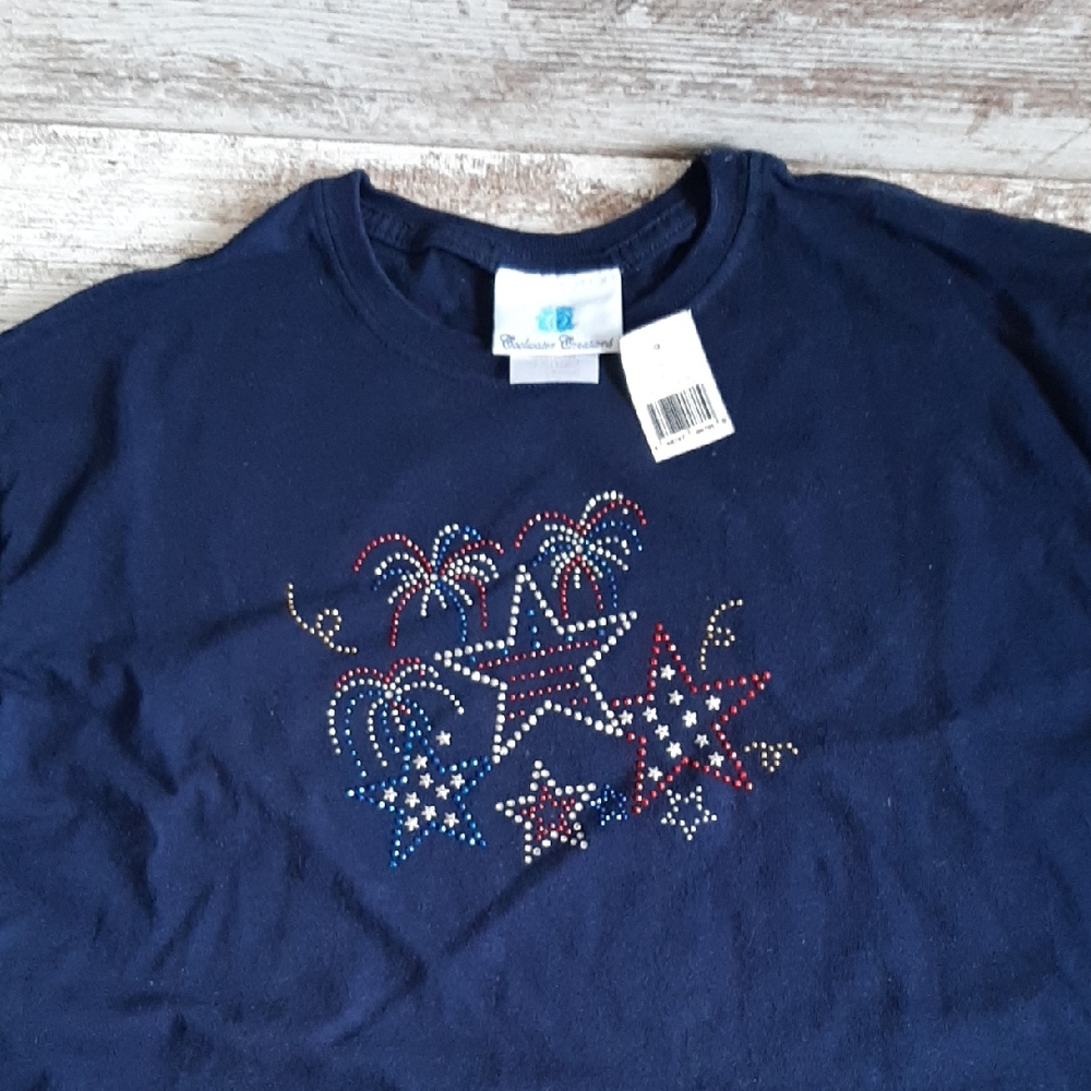 NWT Coolwater Creations Blue Tee with Sparkling Stars & Fireworks Design